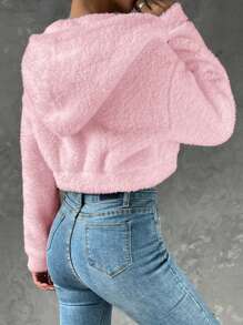 SHEIN EZwear Solid Color Hooded Zipper Winter Casual Fashion Long Sleeve Jacket - Baby Pink - View 2