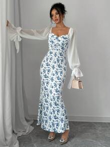 Rafferiza Ditsy Floral Ruffle Splice Long Dress With Fish-Tail Hem Maxi Women Outfit Fall Cloth For Women - Blue and White - View 3