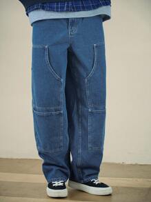 DAZY 男士休闲纯色拼布牛仔裤，适合秋季日常户外街头穿着 - 藍色 - 查看 4