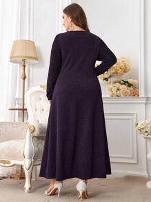 Modelyn 女士大码珍珠装饰腰部修身闪亮拼接连衣裙，优雅束腰阿拉伯连衣裙，适合晚会/婚礼嘉宾/周年纪念 - 紫色 - 查看 2