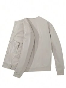 Manfinity Homme 男士休闲纯色单排扣口袋圆领夹克秋季外出街头装长袖轻便夹克，适合朋友、丈夫、男朋友的礼物 - 卡其色 - 查看 6