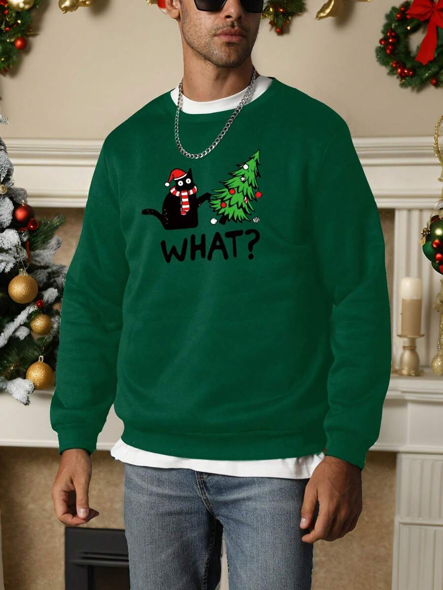 Manfinity Dauomo Men's Letter & Christmas Tree Print Crew Neck Long Sleeve Pullover Sweatshirt, Autumn