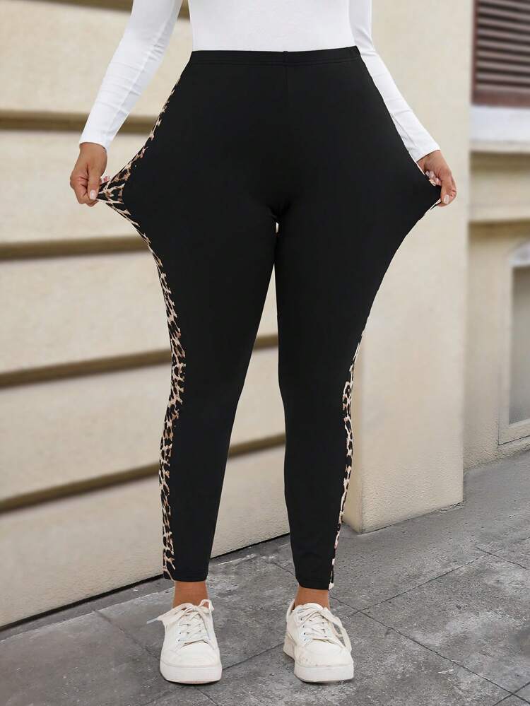Plus Size Casual Everyday Leopard Print Patchwork Stretch Leggings, Autumn,Summer/Spring