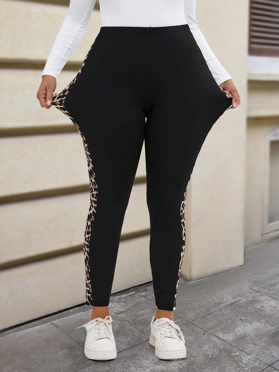 Plus Size Casual Everyday Leopard Print Patchwork Stretch Leggings, Autumn,Summer/Spring