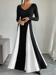 SHEIN Essnce 女装2024秋冬新款时尚V领长袖黑白拼色设计A字裙休闲时尚拼色连衣裙拼色拼接连衣裙网红博主同款风格 - 黑與白 - 查看 5