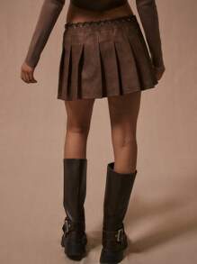 MUSERA 缝线腰褶PU迷你裙 Y2k 夏季感恩节派对 - 棕色 - 查看 4