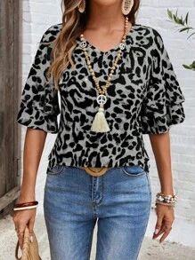 EMERY ROSE Women Leopard Print Layered Ruffle Hem Short Sleeve T-Shirt - Grey - View 5