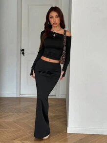 SHEIN EZwear 女士不对称肩部加长裙套装 - 黑色 - 查看 4