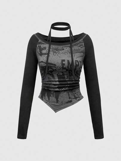 Grunge Punk Y2K Butterfly Shadow Graphic Off-Shoulder Women Kpop T-Shirt With Tie Decor