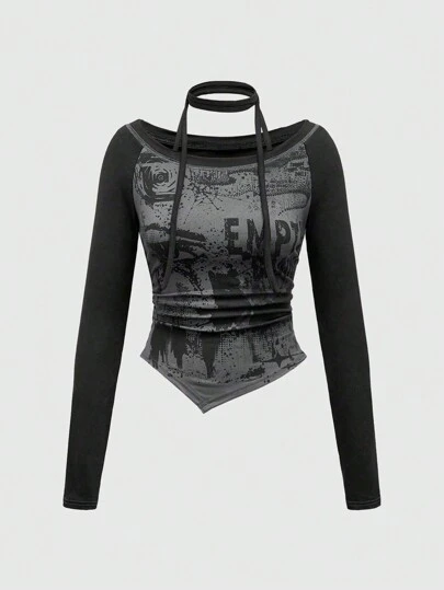 ROMWE Grunge Punk قميص نسائي كوري بطبعة فراشة وأكتاف مكشوفة مع ربطة زخرفية