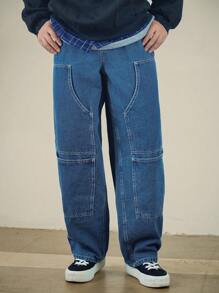 DAZY 男士休闲纯色拼布牛仔裤，适合秋季日常户外街头穿着 - 藍色 - 查看 1