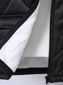SHEIN Tween Boys Casual Contrast Fluffy Sleeve Hooded Zip-Up Warm Thickened Padded Coat - Black - View 5