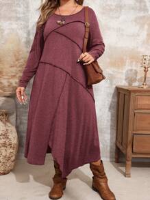 EMERY ROSE Vestido de otoño de manga larga, cuello redondo, informal, con diseño cómodo y a la moda, tallas grandes - Burdeos - Ver 3