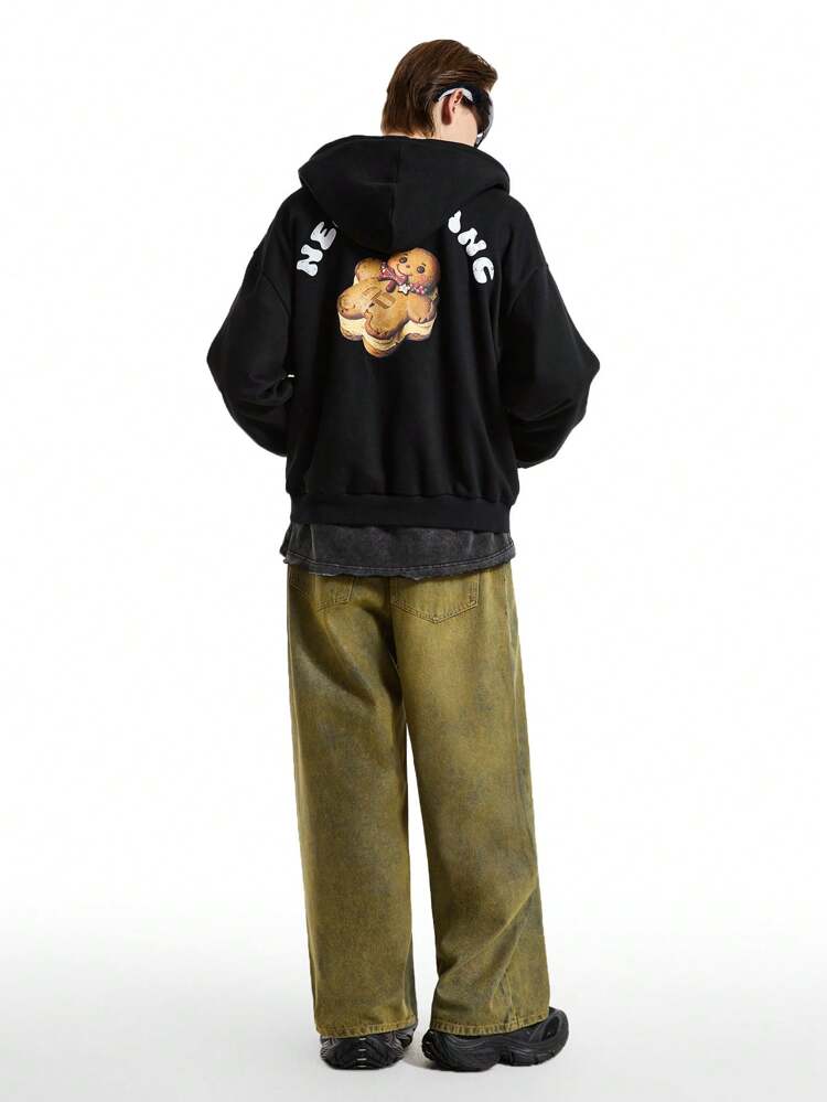 Men's Autumn Casual Everyday Christmas Gingerbread Man & Letter Print Zip-Up Drawstring Hoodie Sweatshirt, For Fall Winter