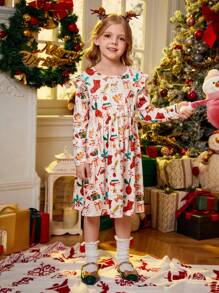 SHEIN Vestido casual de moda con estampado navideño para niña joven, adecuado para reuniones festivas en otoño e invierno - Multicolor - Ver 3