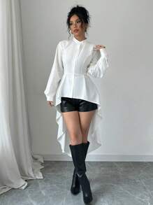 Elenzga High Low Stand Collar Open Front A-Line Ruffled Puff Sleeve Long Shirt