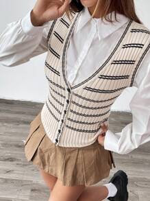 Flirla 女士休闲条纹前扣 V 领针织毛衣背心，适合秋冬季日常穿着 - 杏色 - 查看 4