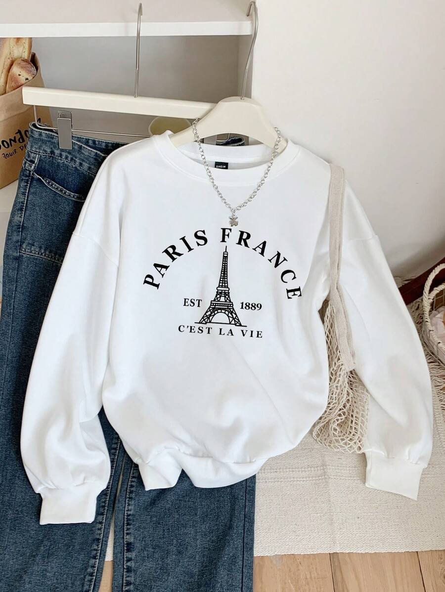 SHEIN EZwear 休闲简约巴黎法国埃菲尔铁塔图形印花圆领加厚保暖内衬长袖宽松运动衫女士，适合秋冬季，长袖上衣 - 白色 - 查看 1