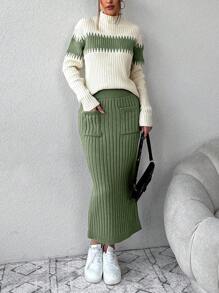 EURMUSE 2 件套女士撞色立领长袖毛衣和长款针织迷你裙休闲装，秋冬 - 青檸色 - 查看 6