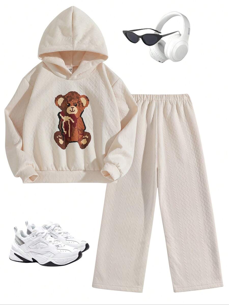 2pcs Youth Girls Casual Sports Set, New Spring Autumn Sweet Style, Sweatshirt And Pants, Oversized - Champagne - View 1