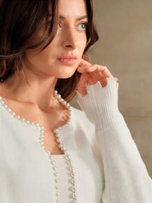 Anewsta Women Short Cardigan Sweater With Beaded Detail,Fringe Trim, Long Sleeve, Solid Color, Round Neck