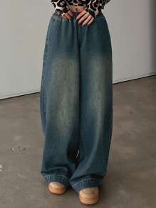 DAZY 女士休闲宽松腰高腰阔腿洗水牛仔裤 - 深色水洗藍 - 查看 8