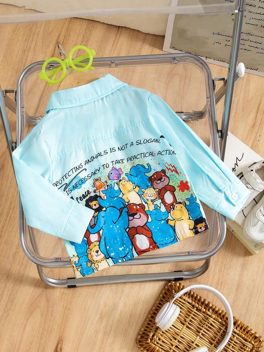 男宝宝休闲日常百搭时尚可爱动物图案印花长袖衬衫 - 彩色 - 查看 1