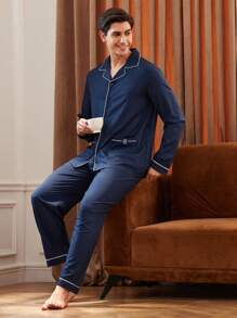 男士蓝色条纹长袖衬衫和裤子两件套家居服套装，适合秋季和冬季穿着