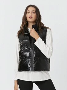 SHEIN EZwear Solid Zip  Casual Vest Winter Coat - Black - View 6