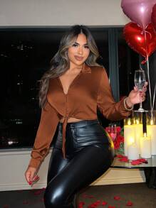 SHEIN SXY 女士休闲纯色 V 领长袖衬衫、长袖上衣 - 棕色 - 查看 5