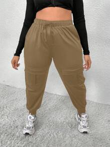 SHEIN LUNE Women's Fashionable Solid Color High Waisted Pants With Pockets - Khaki - View 7