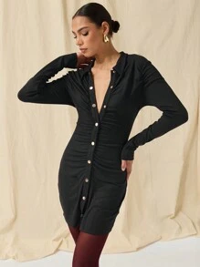 1 chiếc váy xếp ly cài nút phía trước kiểu dáng đơn giản mùa thu dành cho nữ - màu đen - Xem 1