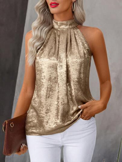 SHEIN Clasi 1 件女式金属褶皱挂脖休闲上衣，适合新年节日聚会服装