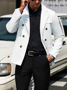 Manfinity Bizformal Áo khoác vest nam tay dài màu trơn hai hàng khuy công sở - trắng - Xem 9