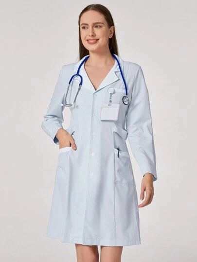 TaskEZ 纯色领长袖双口袋休闲护士连衣裙