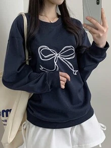 DAZY 女士宽松落肩字母印花蝴蝶结运动衫，秋季 - 藏蓝色 - 查看 3