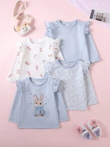 4pcs Baby Girl Cute Creative Design Round Neck Ruffle Trim Long Sleeve Top Set - Multicolor - View 1