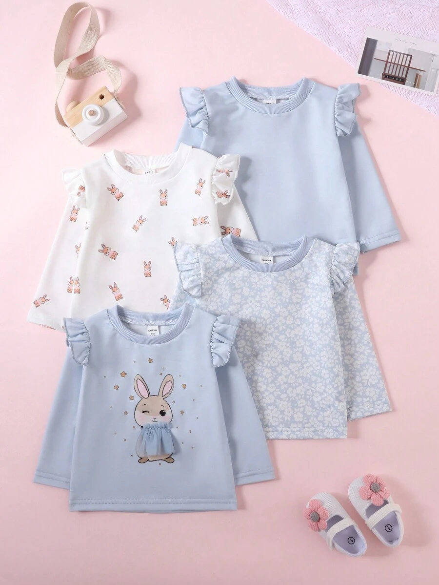 4pcs Baby Girl Cute Creative Design Round Neck Ruffle Trim Long Sleeve Top Set - Multicolor - View 1