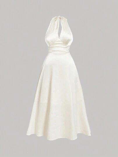 SHEIN MOD 大码女式复古蕾丝边、蝴蝶结后系带、褶饰细节修身缎面中长杏色连衣裙、性感连衣裙、舞会礼服、伴娘礼服、返校节礼服、半正式礼服