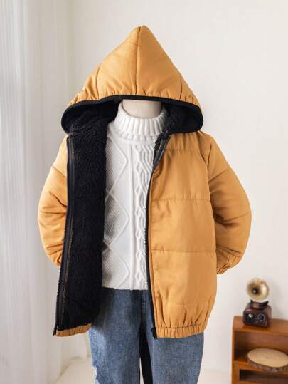 1pc Young Boys Casual College Style Comfortable Fashion Minimalist Practical Contrast Color Thermal Lined Quilted Mid-Length Padded Coat, Suitable For Daily, School, Outing, Sports, Autumn/Winter Season