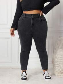 SHEIN CURVE+ 黑色大码牛仔裤 休闲弹力长裤 大码 内衬 保暖性佳 保暖牛仔布