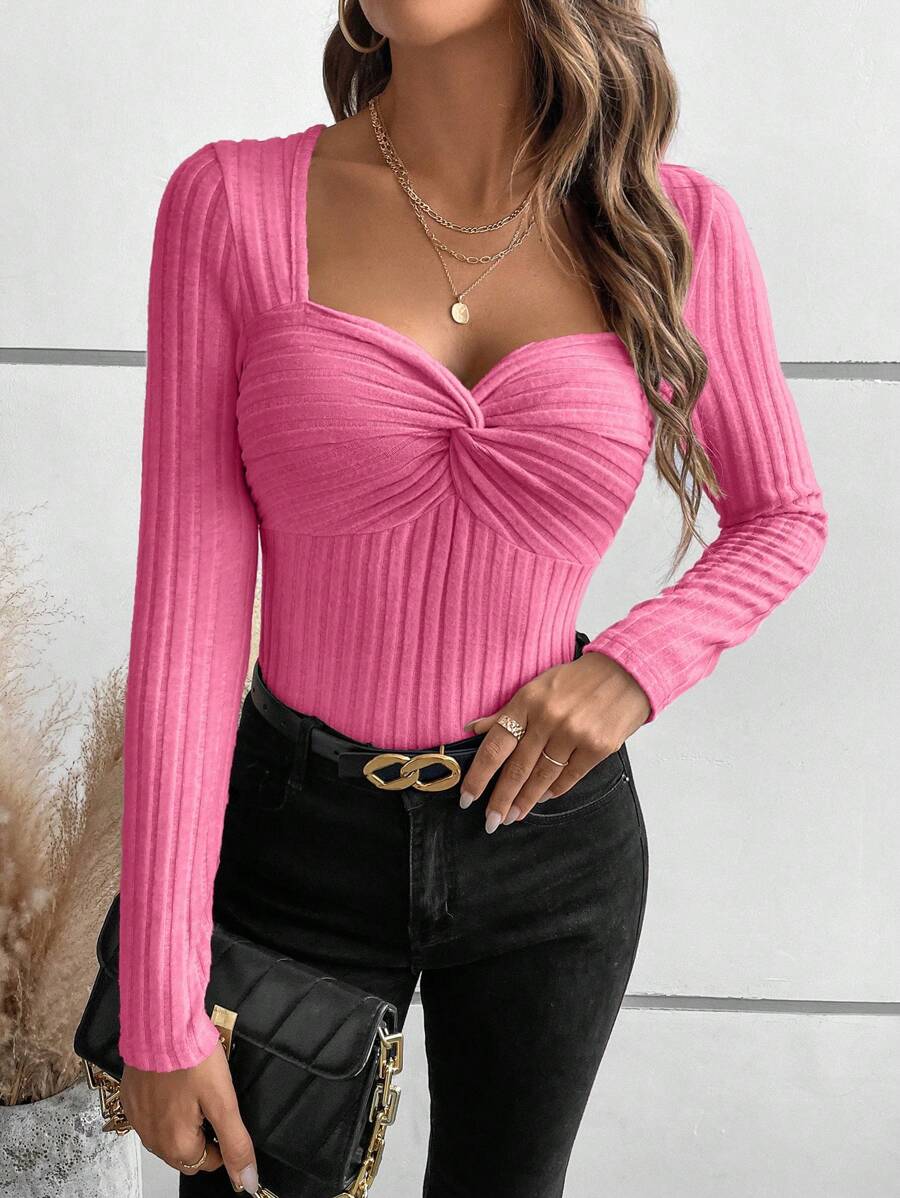 Chiquease Women's Casual Elegant Solid Color Twist Front Fitted T-Shirt, Autumn