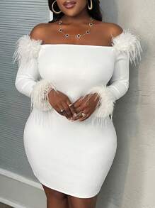 Slaydiva Váy midi dệt kim hở vai cao cấp thanh lịch cỡ lớn cho nữ (xù), Thu/Đông - trắng - Xem 16