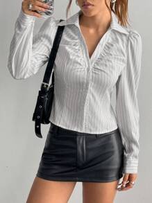 Flirla Women's Striped Black And White V-Neck Fitted Shirt
