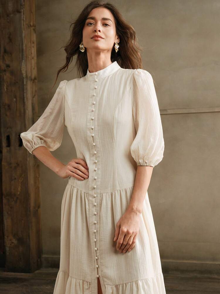 Elegant Vintage Women White Loose Weave Midi Dress Maxi Women Outfit