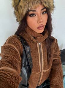 SHEIN EZwear Women's Casual Retro Daily Zip-Up Stand Collar Loose Jacket, Autumn/Winter - Brown - View 3