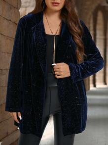 EMERY ROSE Plus Size Lapel Collar Long Sleeve Casual Jacket,Winter Coat, Autumn&Winter Women Clothes - Navy Blue - View 1