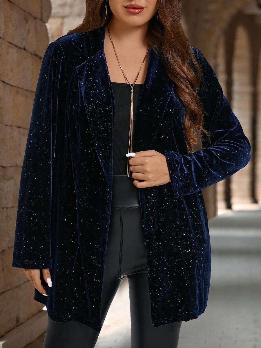 EMERY ROSE Plus Size Lapel Collar Long Sleeve Casual Jacket,Winter Coat, Autumn&Winter Women Clothes - Navy Blue - View 1