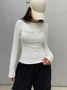 DAZY Women Casual Daily Letter Print Round Neck Thermal Lined Fitted Long Sleeve T-Shirt, Autumn/Winter - Beige - View 7