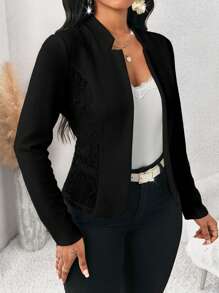 SHEIN Lady Women's Solid Color Collar Long Sleeve Open Front Elegant Blazer Jacket, Autumn - Black - View 7